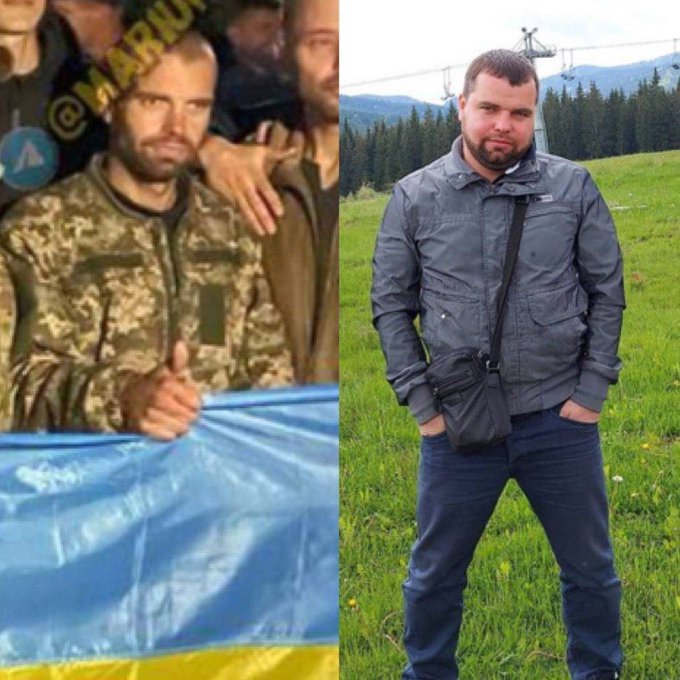 Mariupol policeman Sviatoslav Yermolov after his release from Russian captivity (left), before the captivity (right). Collage: social media ~