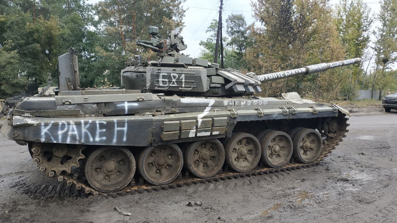 The name of the Kraken unit is seen graffitied on a Russian trophy tank. Credit: Ievhen Golovin ~
