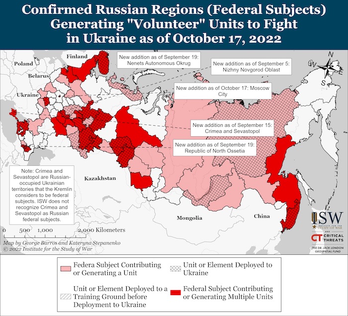 Russian Federal Subjects Generating Volunteer Units. October 17, 2022. Source: ISW. ~