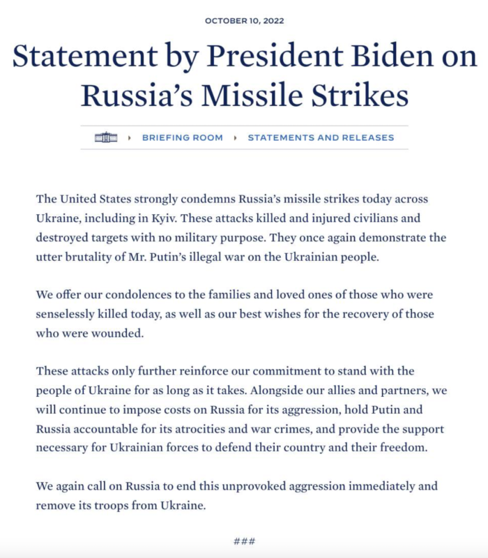 Missile strikes demonstrate brutality of Putin’s illegal war against Ukraine – US President