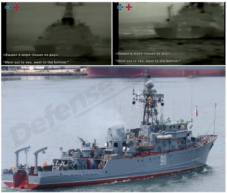 What appears to be the Ivan Golubets minesweeper on the footage of the attack by surface drones and a photo by day. Comparison by Defense Express ~