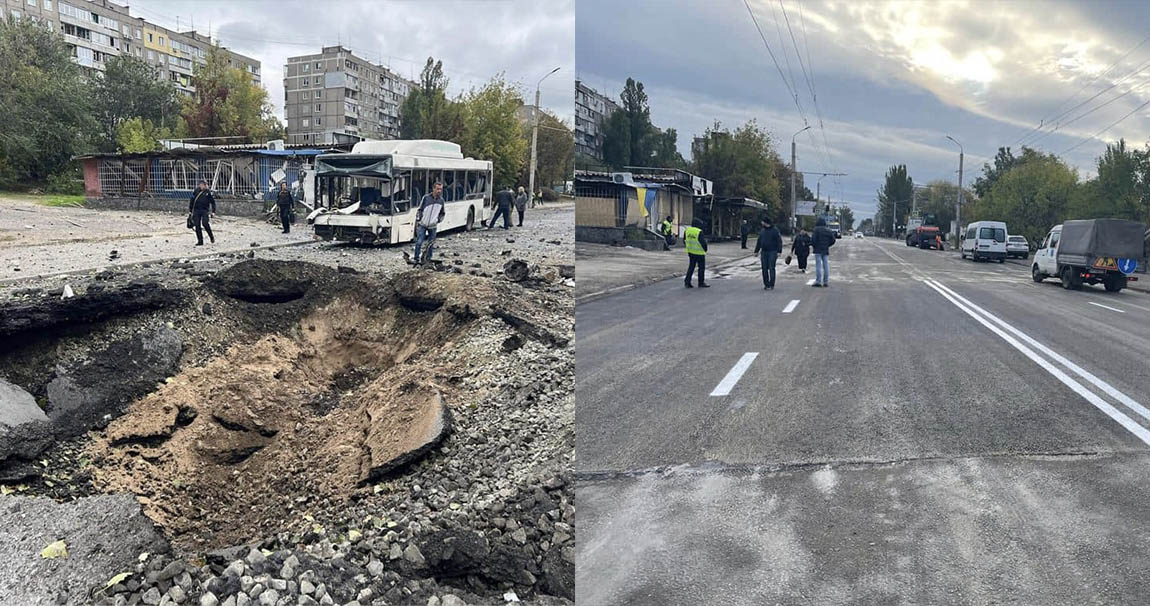 Ukraine repairs roads smashed by Russian missiles in Kyiv, Dnipro overnight – PHOTOS