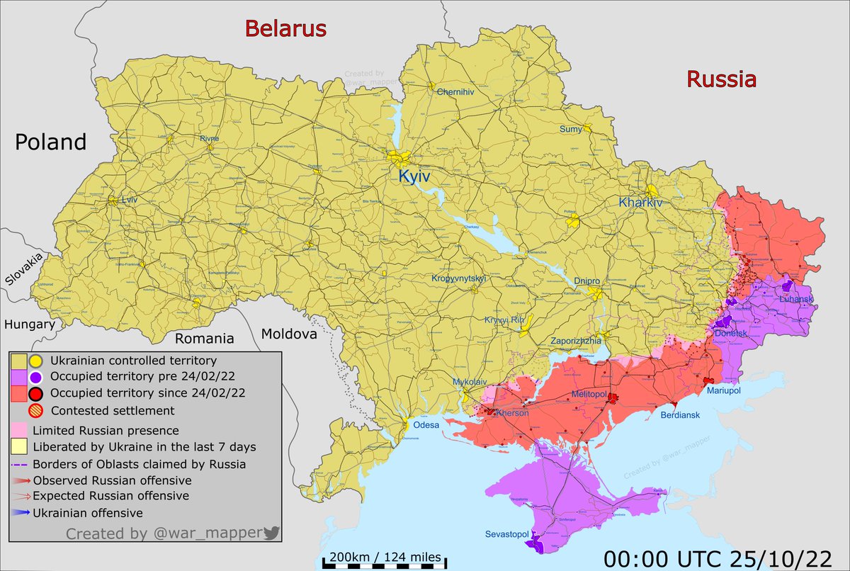 A map by War Mapper of the approximate situation on the ground in Ukraine as of 00:00 UTC 25/10/22. ~