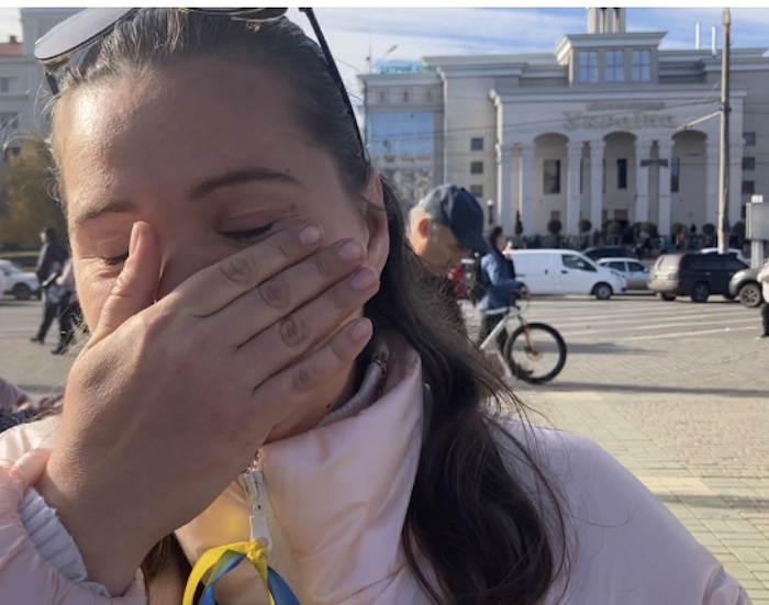 A woman crying with joy in Kherson. Photo by Zarina Zabrisky. ~