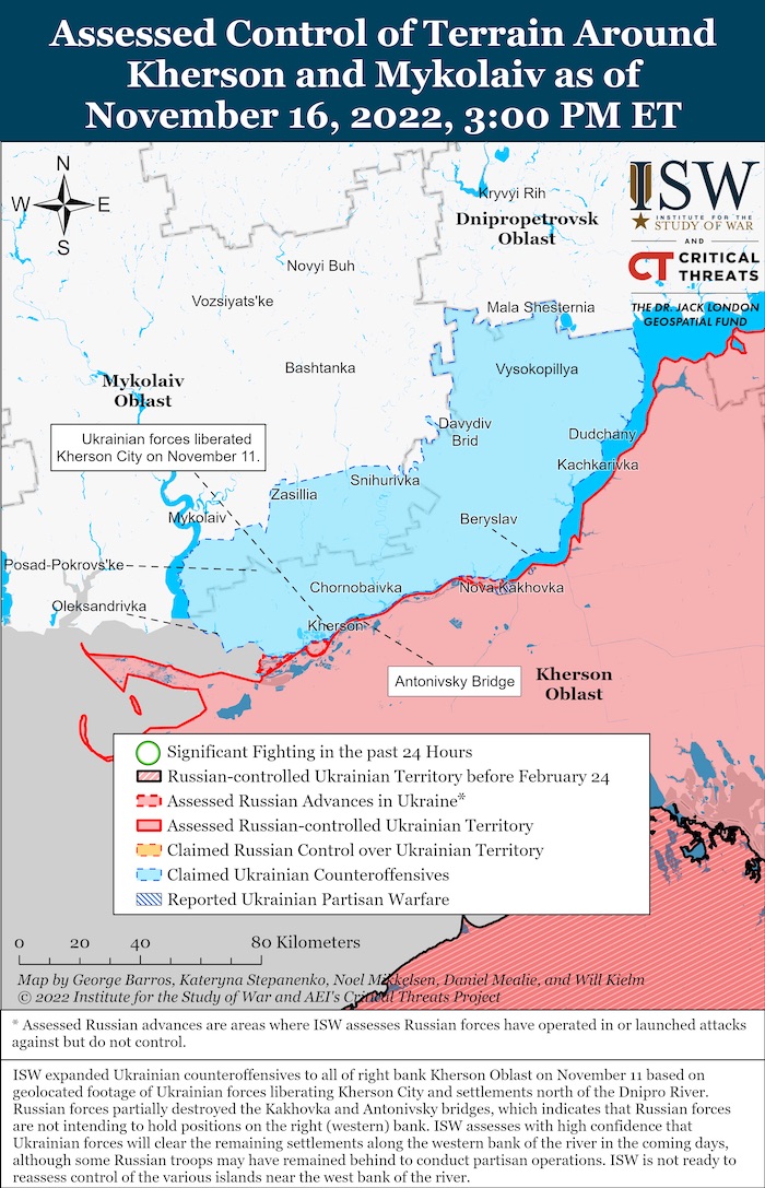 Kherson-Mykolaiv Battle Map. November 16, 2022. Source: ISW. ~