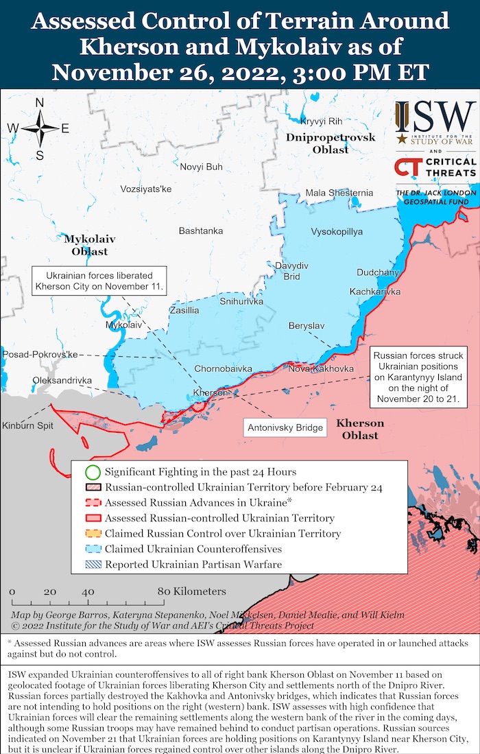 Kherson-Mykolaiv Battle Map. November 26, 2022. Source: ISW. ~
