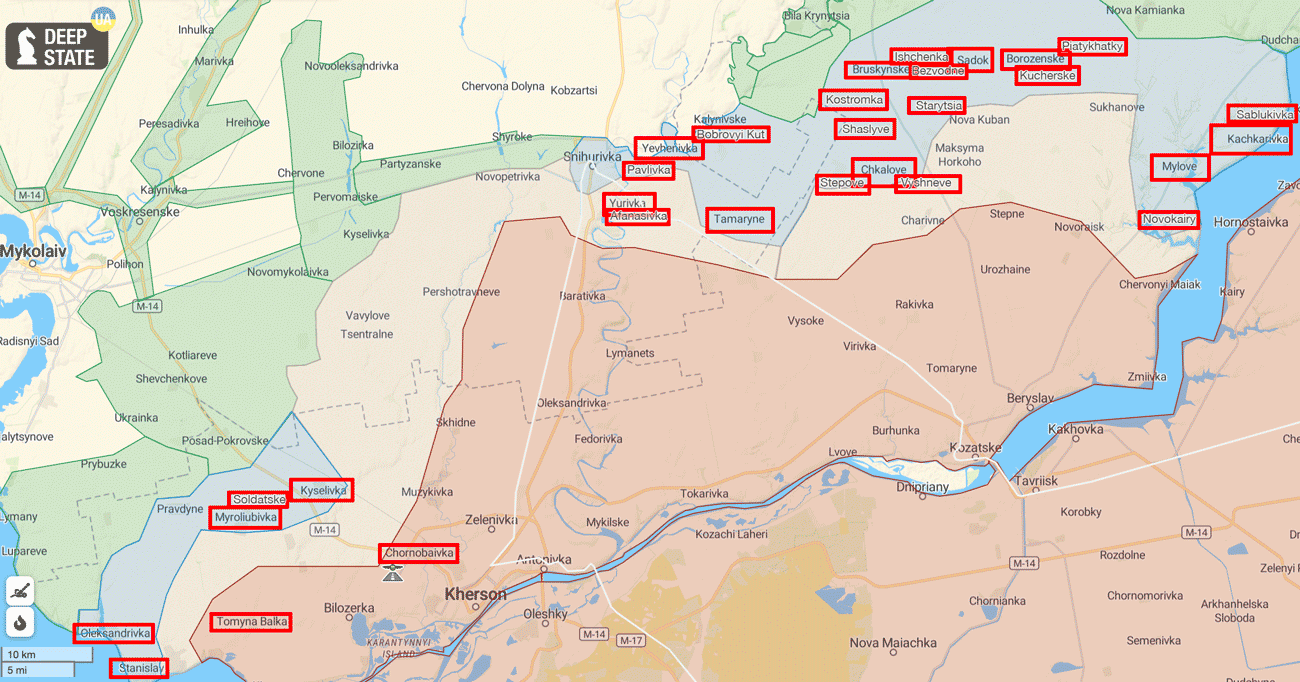 Kherson Oblast settlements liberated on 10 November 2022 by the Ukrainian military according to various sources. Map: Euromaidan Press, based on the DeepState Map. ~