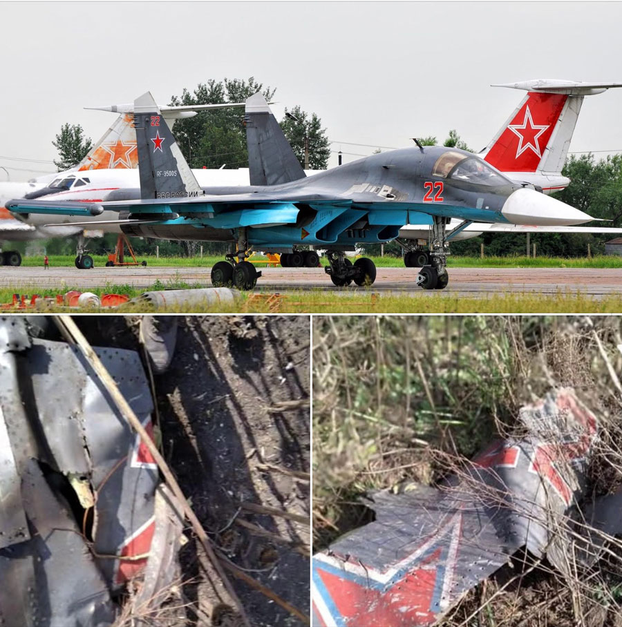 Remnants of Su-34, side number Red 22, tail number RF-95005 from Russia’s 47th aviation regiment were found in Kharkiv Oblast. The plane was destroyed earlier, but only now footage of its wreckage has been released. Source. ~