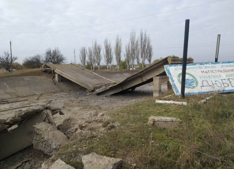 One of at least two blown up bridges across a canal near occupied Snihurivka, Kherson Oblast. Source. ~