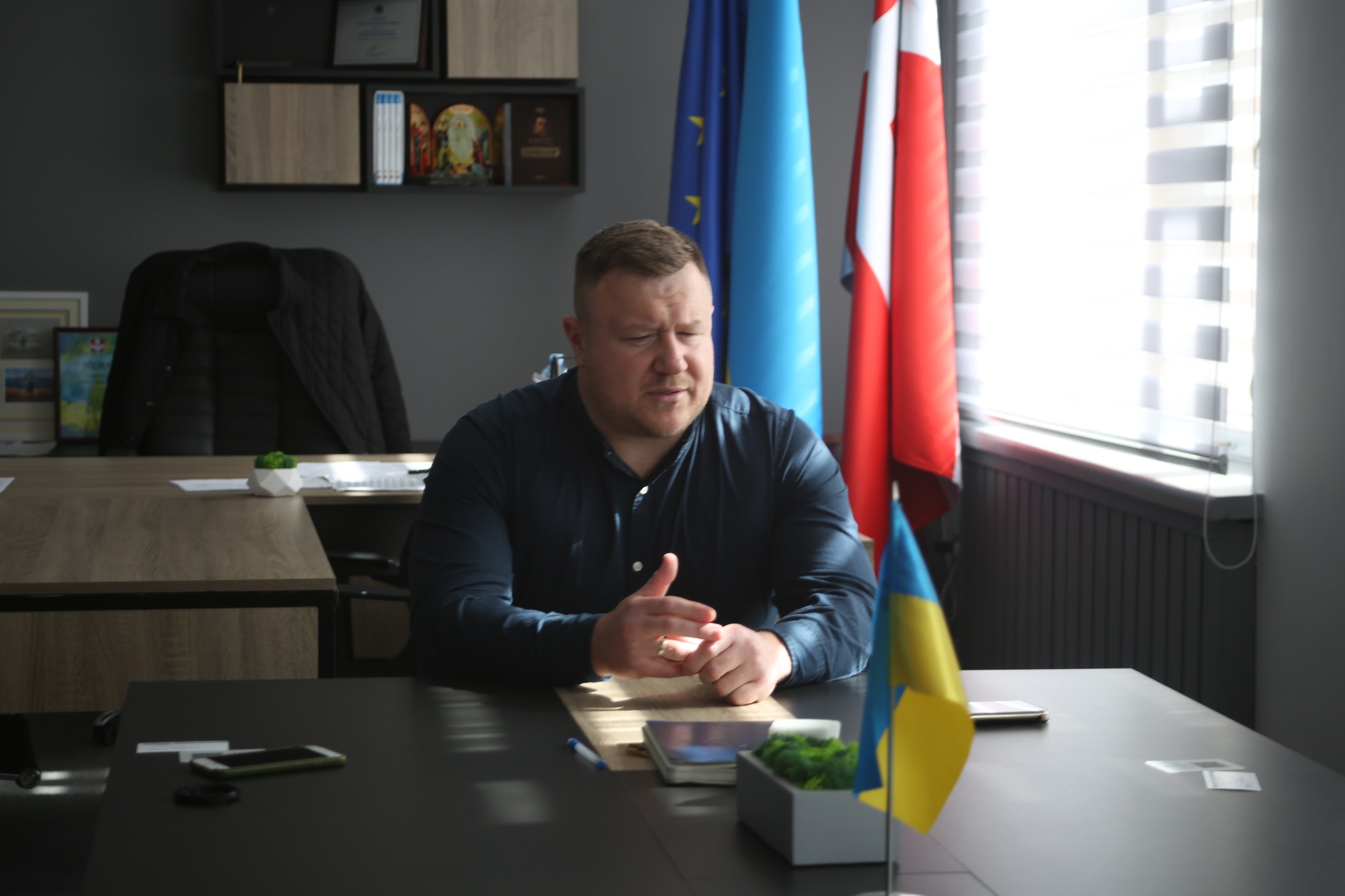 Novovolynsk’s mayor in his cabinet in the city council. Photo by Euromaidan Press ~