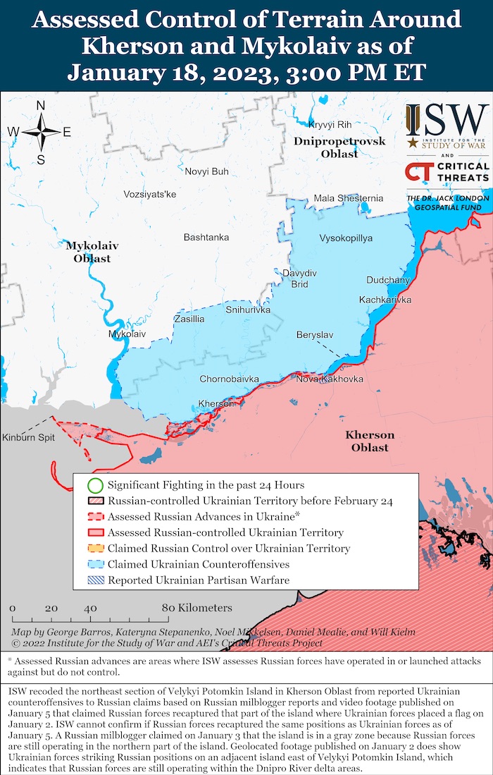 Kherson-Mykolaiv Battle Map. January 18, 2023. Source: ISW. ~