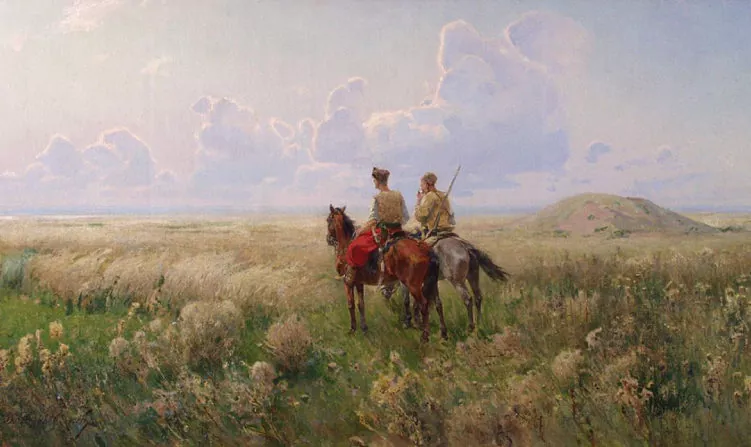 “Cossacks in the Steppe” by artist Serhiy Vasylkivsky. Oil on canvas. From the collection of the Kherson Art Museum ~