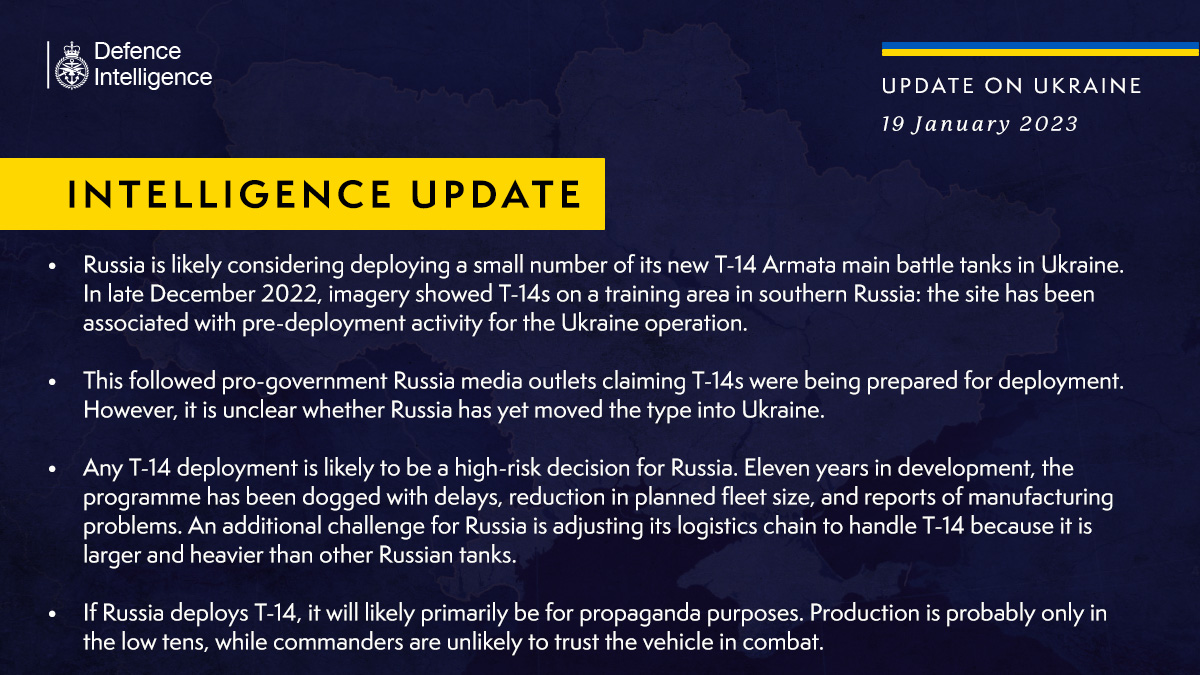 Russia considering deployment of a small number of its T 14 tanks primarily for propaganda purposes – British intel