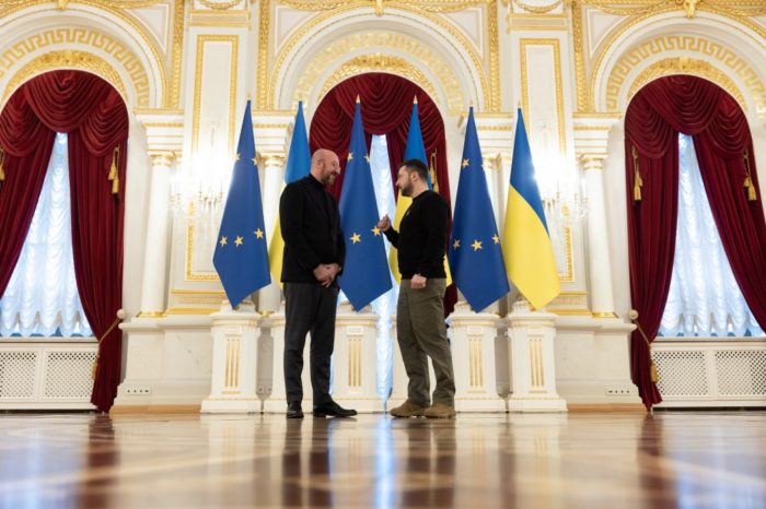 European Council President Charles Michel (l) and Ukrainian President Zelenskyy in Kyiv during the EU-Ukraine Summit, 3 February 2023. Credit: president.gov.ua ~