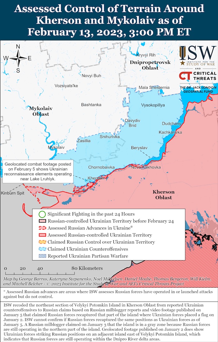 Kherson-Mykolaiv Battle Map. February 13, 2023. Soource: ISW. ~
