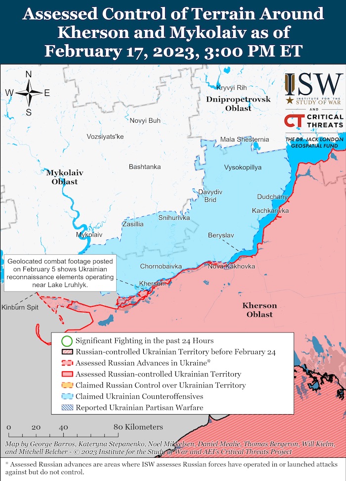 Kherson-Mykolaiv Battle Map. February 17, 2023. Source: ISW. ~