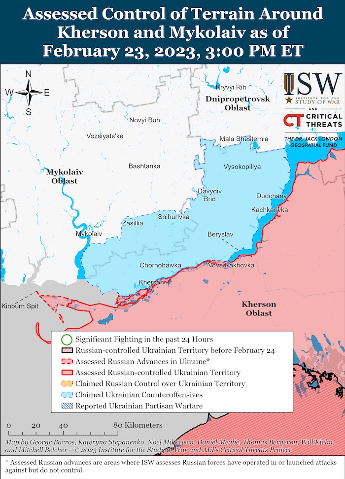 Kherson-Mykolaiv Battle Map. February 23, 2023. Source: ISW. ~