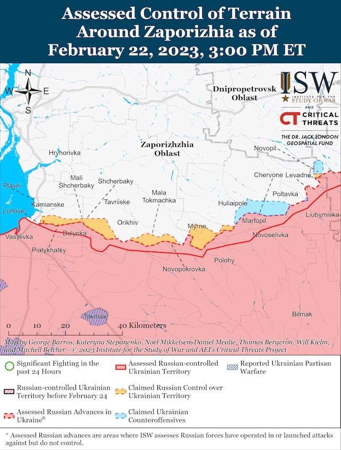 Zaporizhzhia Battle Map. February 22, 2023. Source: ISW.https://www.understandingwar.org/backgrounder/russian-offensive-campaign-assessment-february-22-2023 ~