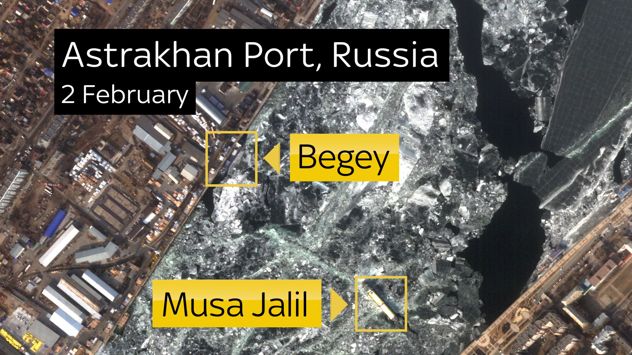 Both Russian ships can be seen in Astrakhan Port in Russia in this satellite image from 2 February. They go on to leave the port in the next 24 hours ~