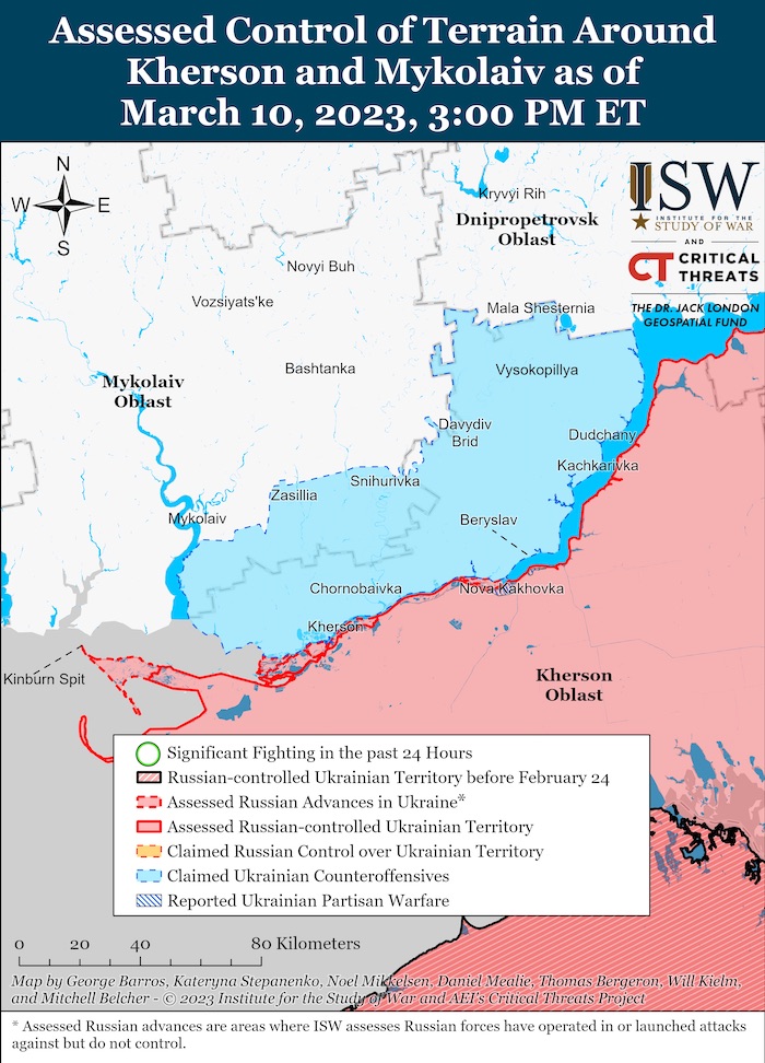 Kherson-Mykolaiv Battle Map.  March 10, 2023. Source: ISW.  ~