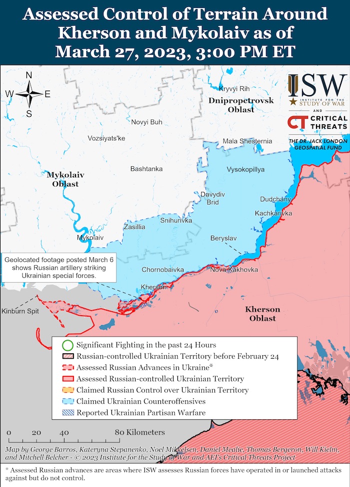 Kherson-Mykolaiv Battle Map. March 27, 2023. Source: ISW. ~