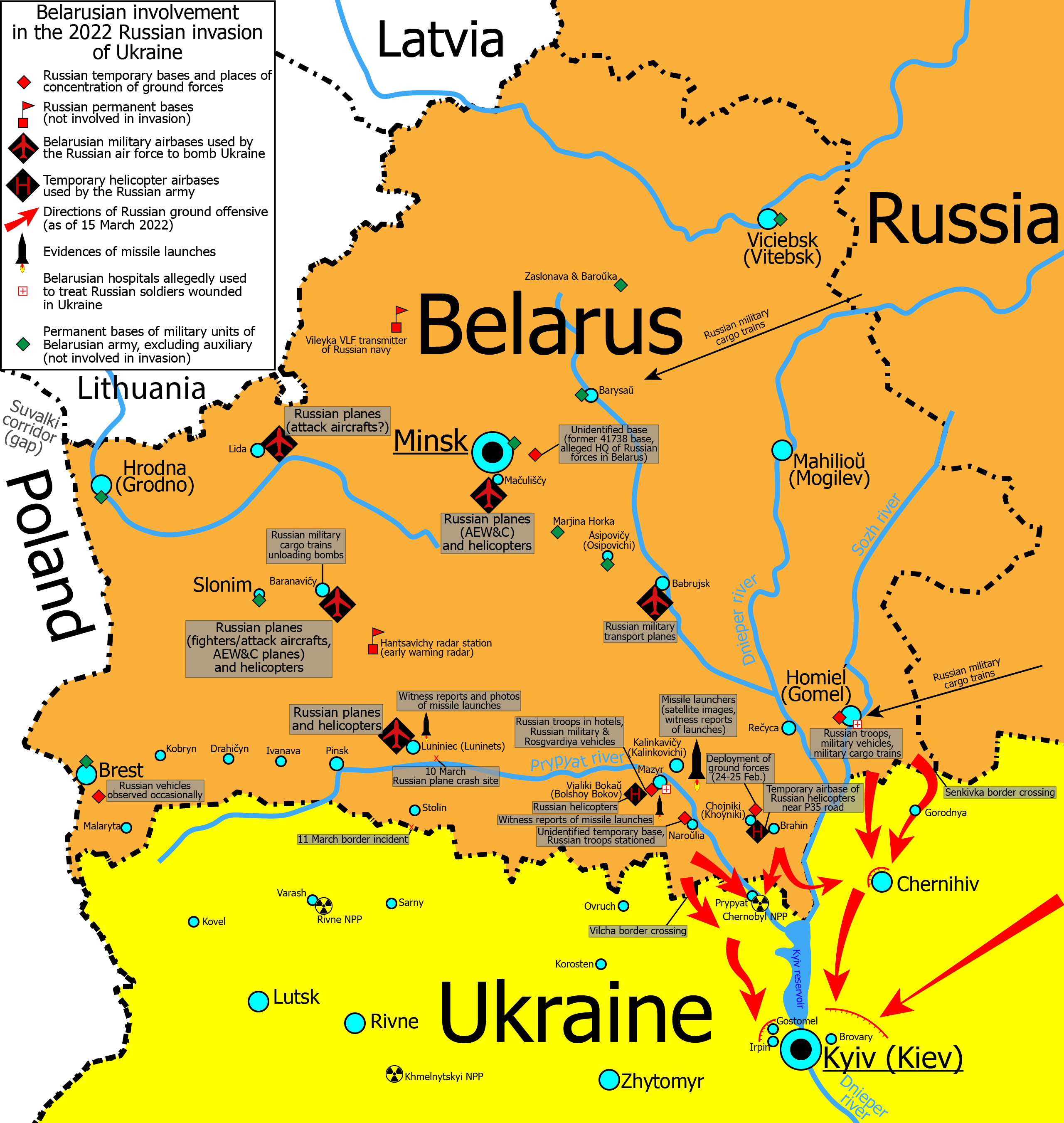 Map of Russian military activities in Belarus as of 15 March 2022. Credit: Wikipedia ~