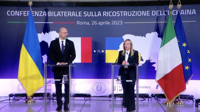 joint briefing ukriane reconstruction conference rome ukrainian prime minister shmyhal italian prime minister meloni