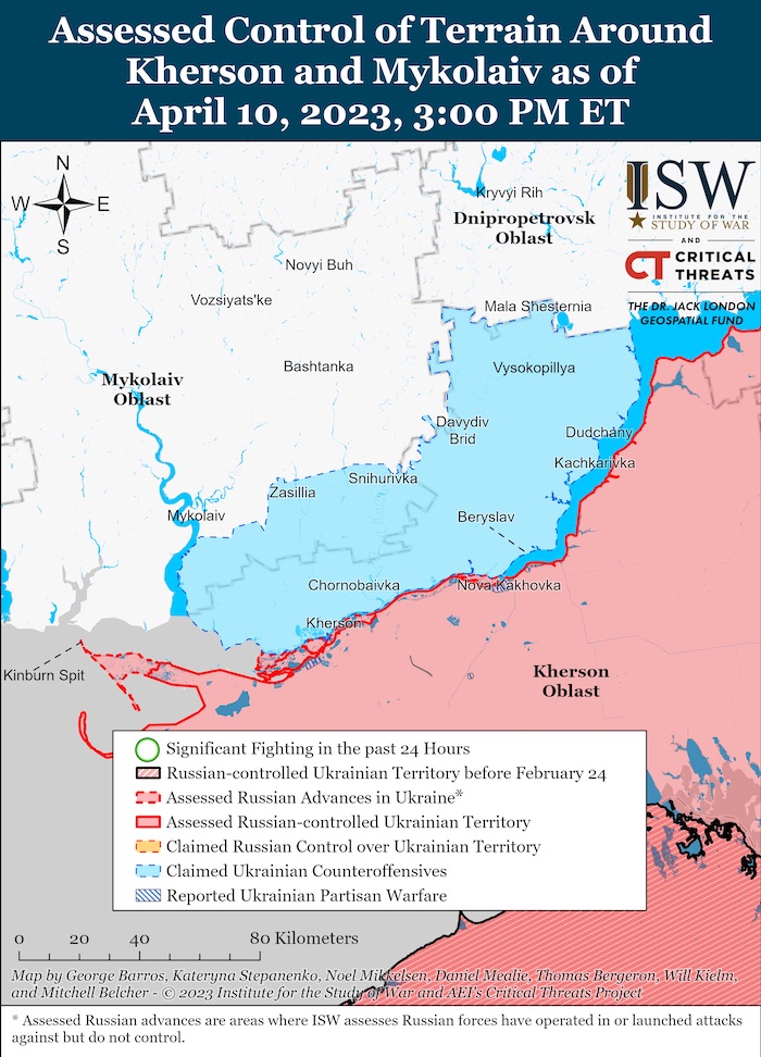 Kherson-Mykolaiv Battle Map. April 10, 2023. Source: ISW. ~