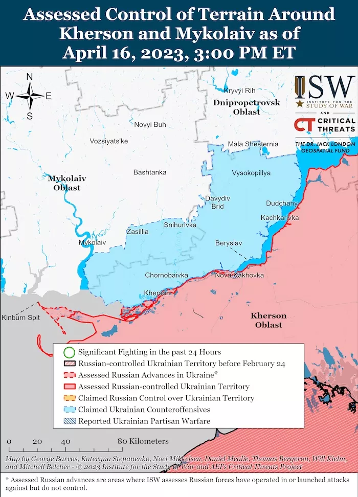 Kherson-Mykolaiv Battle Map. April 16, 2023. Source: ISW. ~