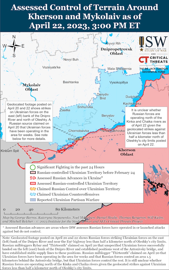 Kherson-Mykolaiv Battle Map. April 22, 2023. Source: ISW. ~