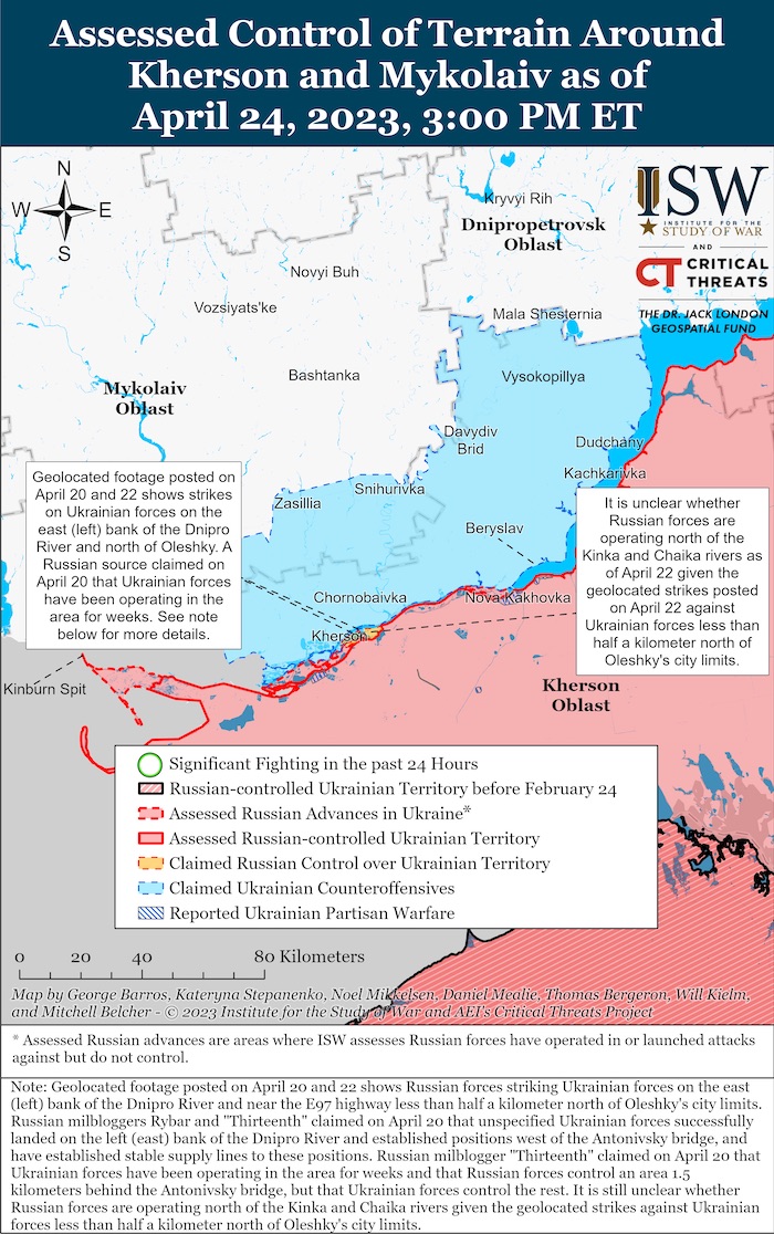 Kherson-Mykolaiv Battle Map. April 24, 2023. Source: ISW. ~