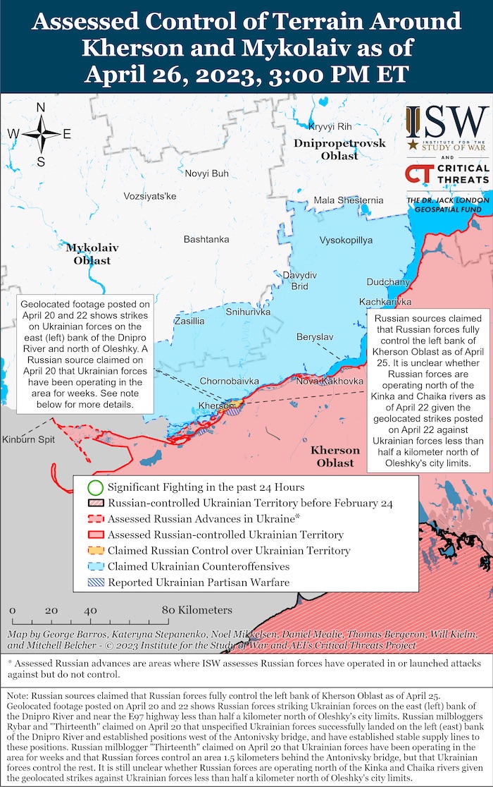 Kherson-Mykolaiv Battle Map. April 26, 2023. Source: ISW. ~