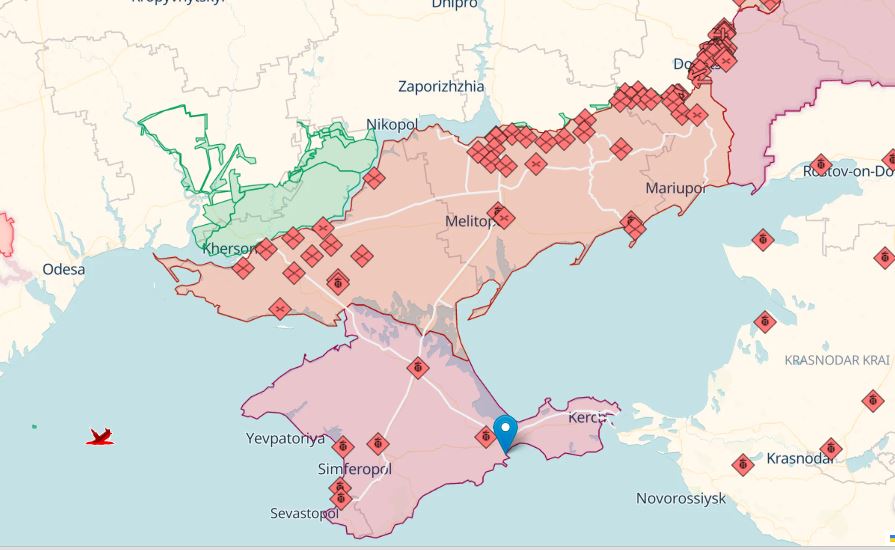 Feodosia on a map, located approximately 250 km from the frontline. Credit: Deepstatemap.live ~