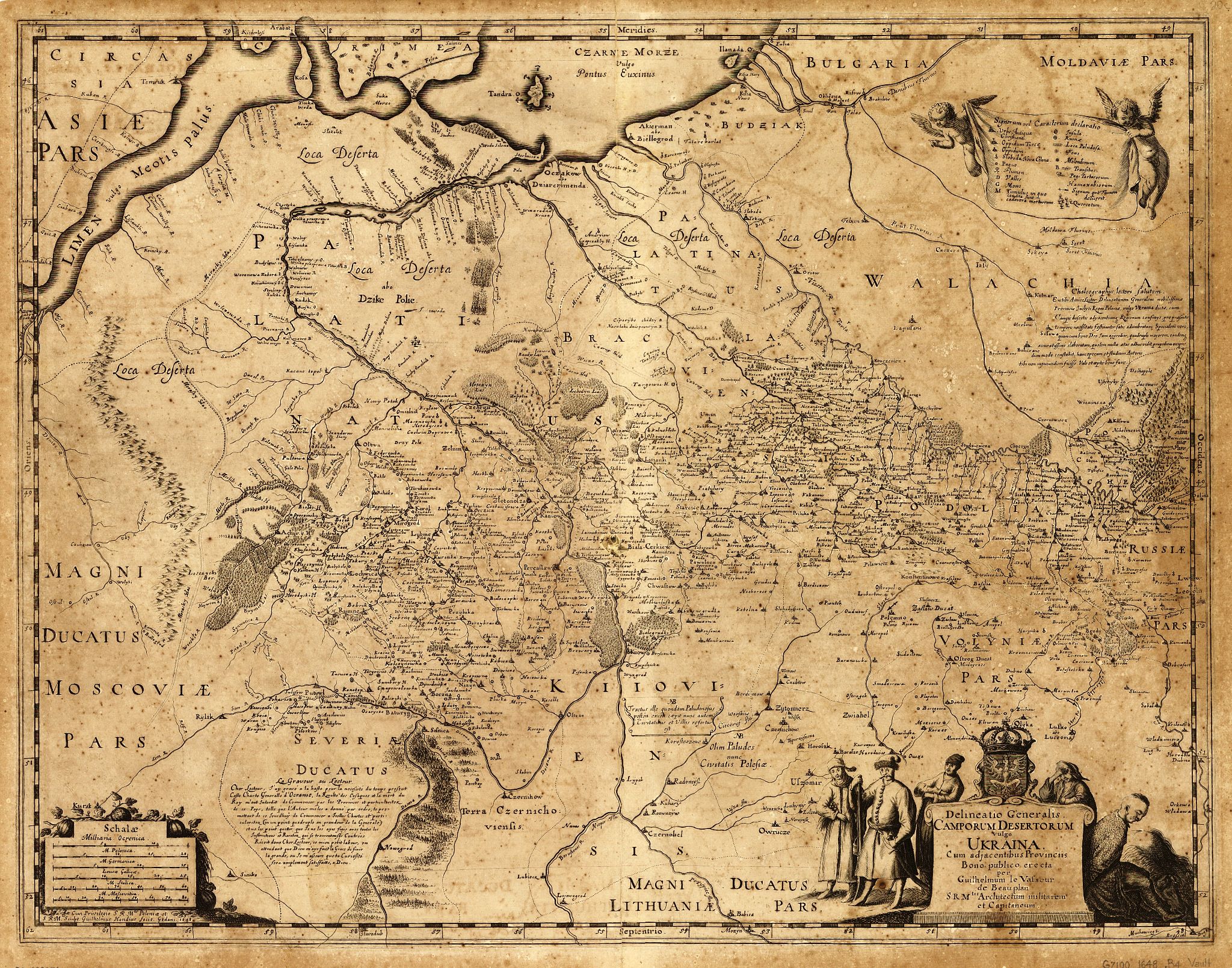 17th-century map of Ukraine by a French-Polish cartographer, engineer, and architect William le Vasseur de Beauplan, who also wrote his famous “Description of Ukraine” with the full name “Description of Ukraine — several provinces of the Kingdom of Poland, stretching from the borders of Moscovia to the borders of Transylvania, together with their customs, way of life and warfare.” The map is oriented to the south, while Moscovia is depicted in the bottom left corner. ~
