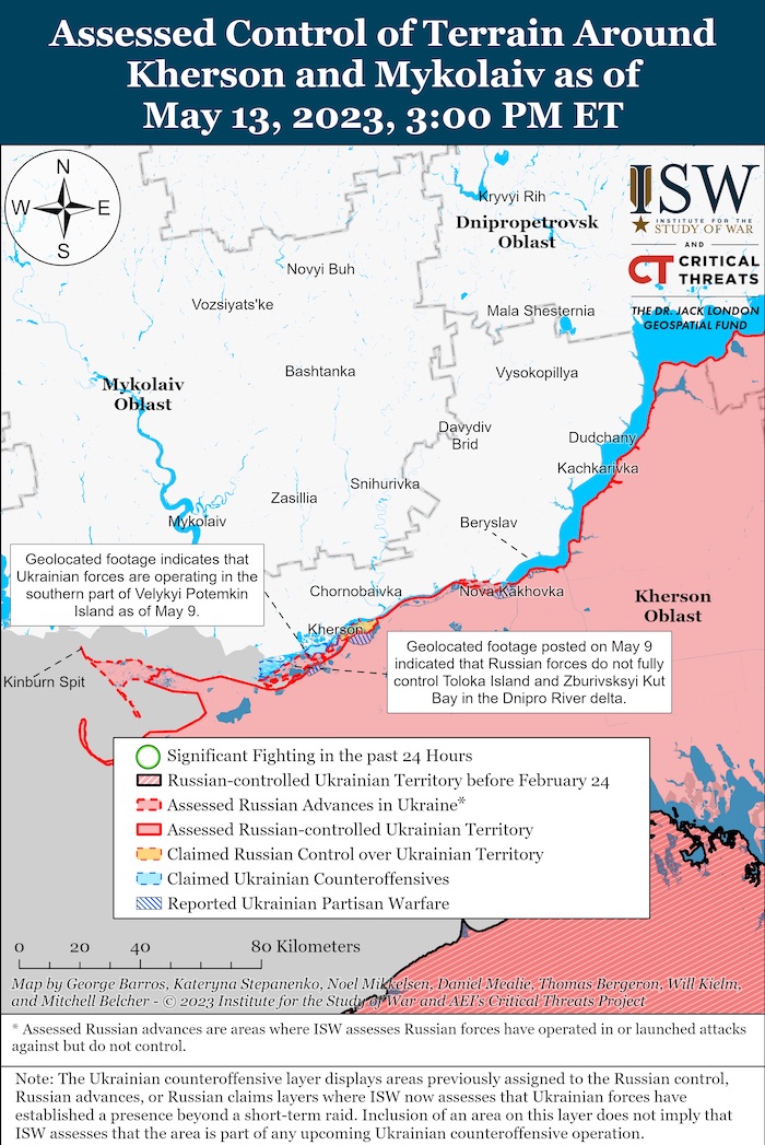 Kherson-Mykolaiv Battle Map. May 13, 2023. Source: ISW. ~