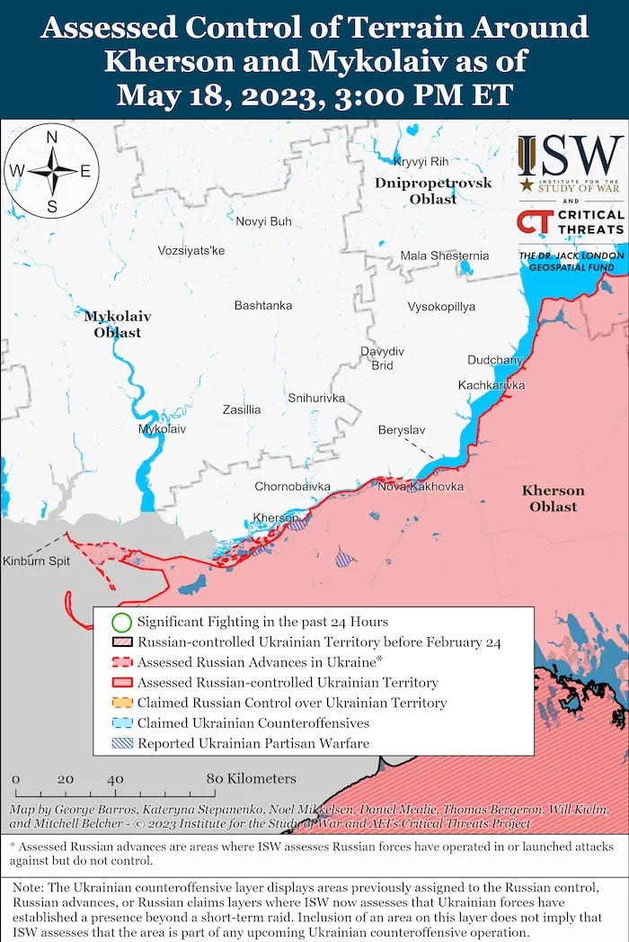 Kherson-Mykolaiv Battle Map. May 18, 2023. Source: ISW. ~