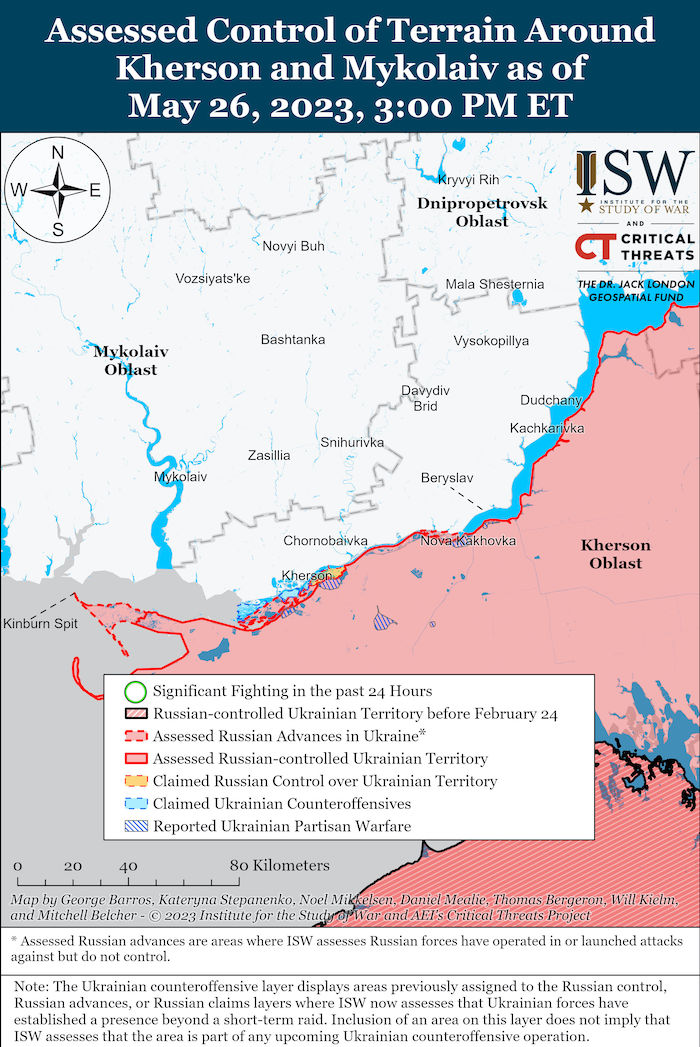 Kherson-Mykolaiv Battle Map. May 26, 2023. Source: ISW. ~