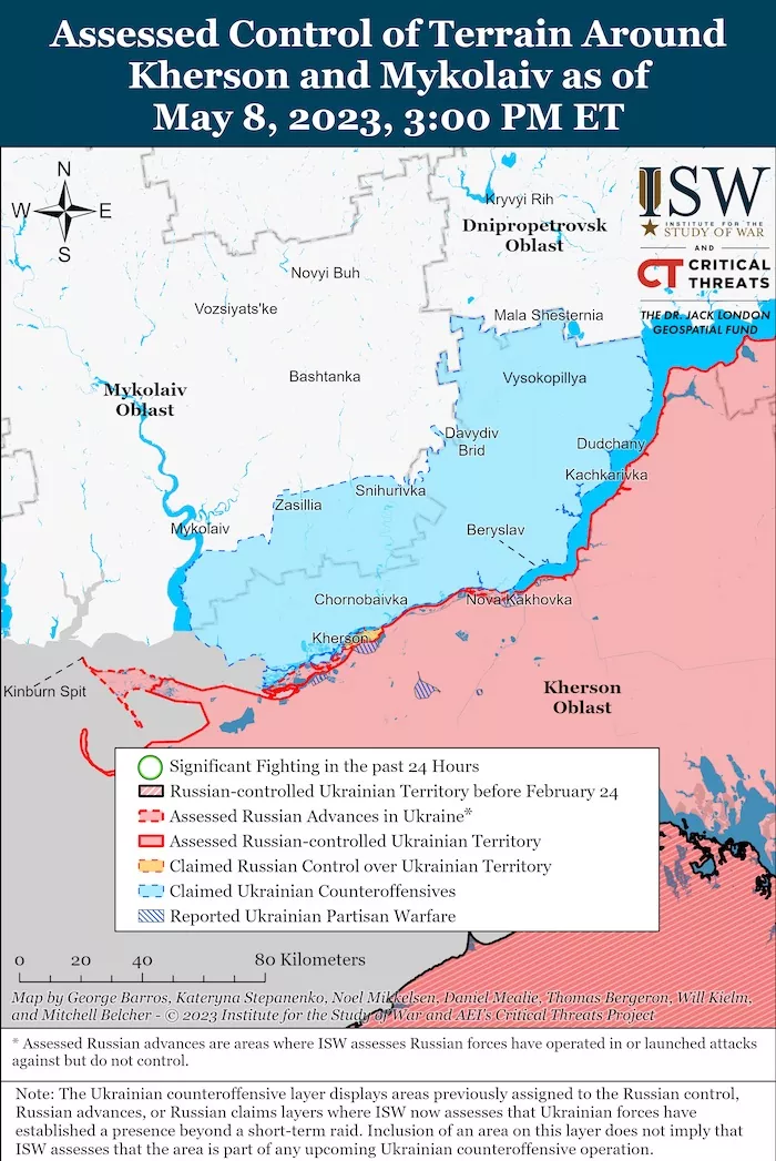 Kherson-Mykolaiv Battle Map. May 8, 2023. Source: ISW. ~