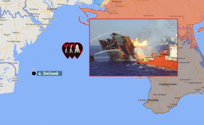 The image shows the aftermath of Ukraine’s missile strikes on Black Sea oil drilling platforms in the Black Sea south of Odesa. Source: Espreso.TV